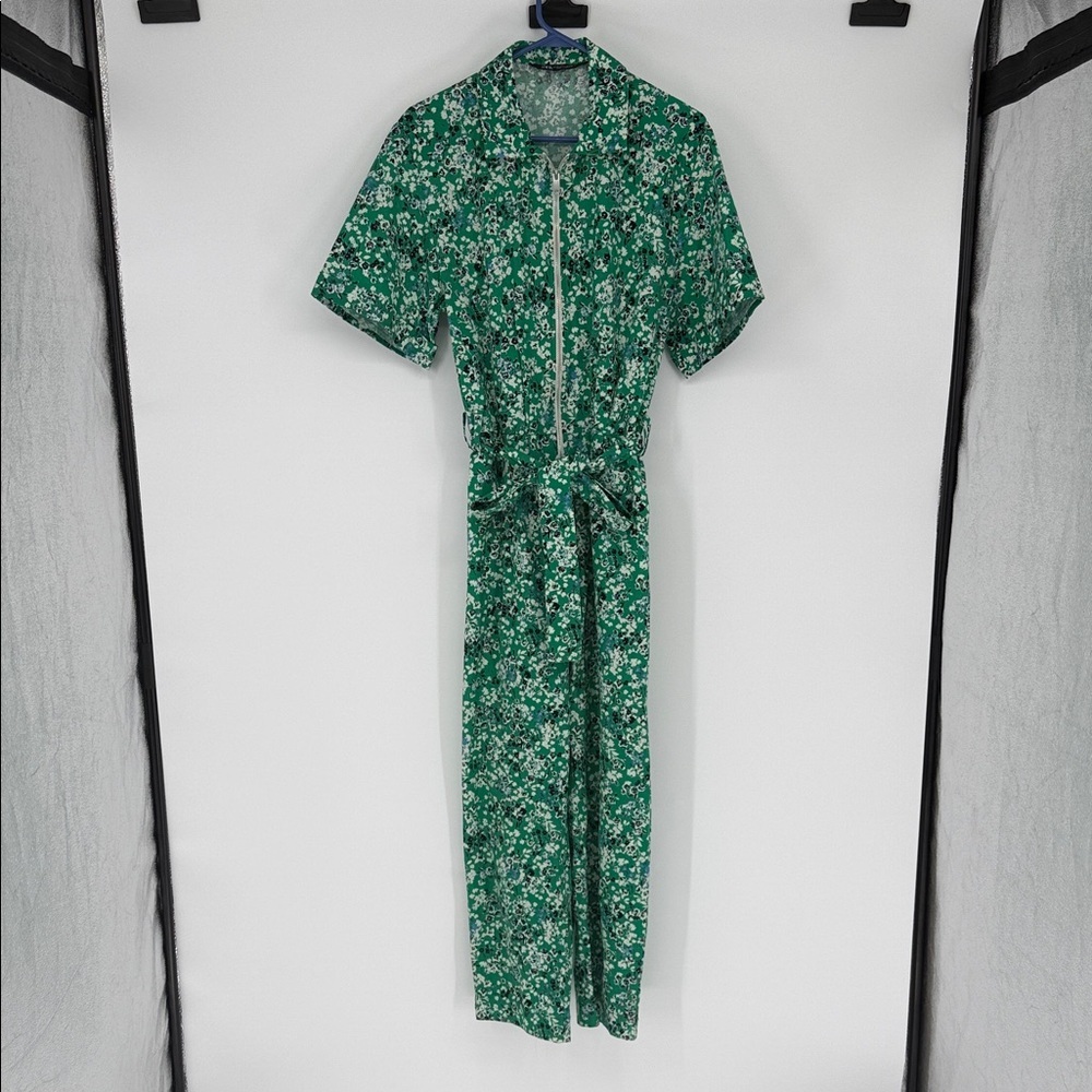 Zara Green Floral Zip Front Jumpsuit Size Medium | Boilersuit Cottagecore Y2K - Picture 3 of 9